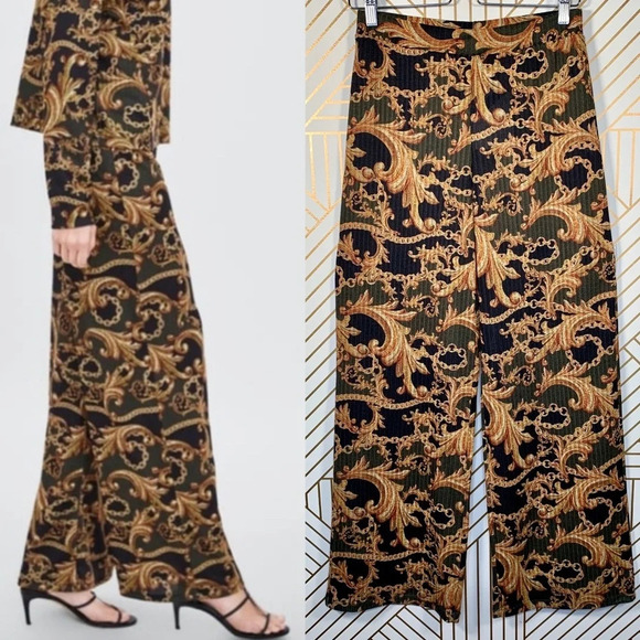Zara Chain Filigree‎ Wide Leg Pants Green Gold - Picture 1 of 8